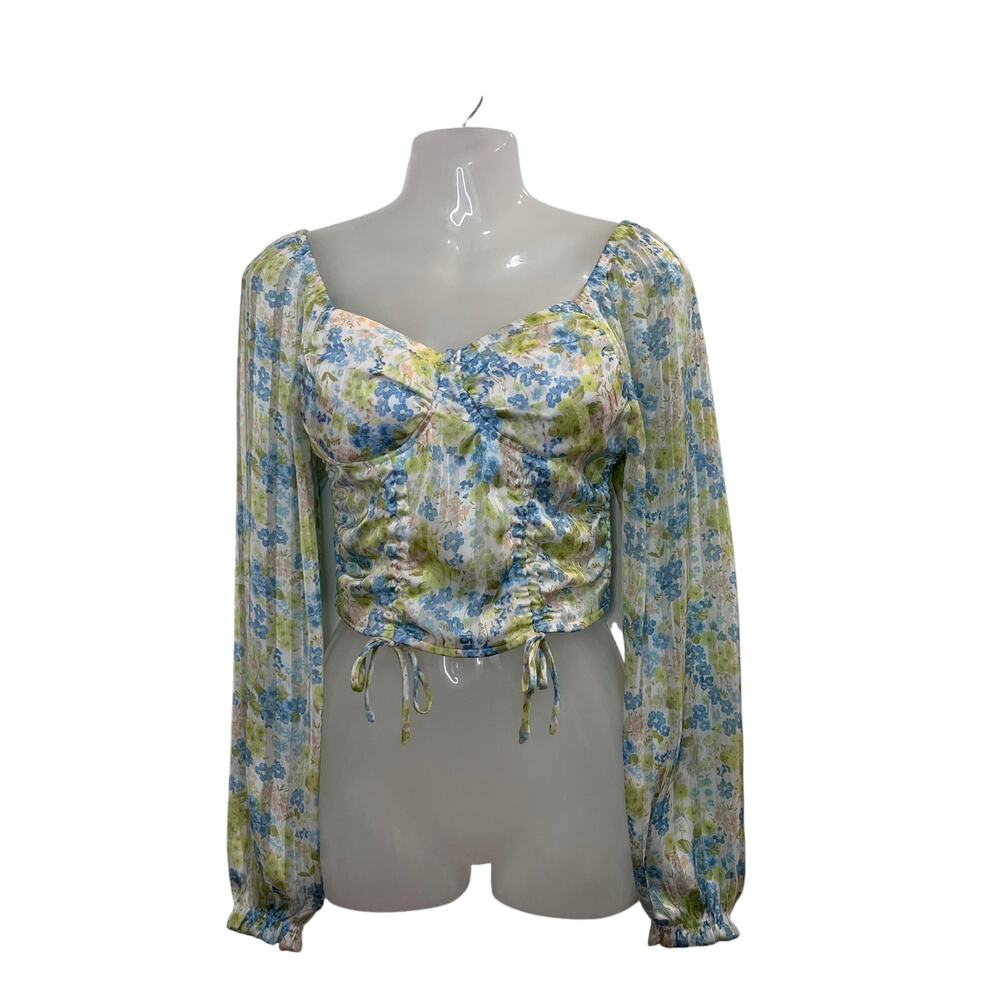 Madden NYC Smocked Long Sleeve Brami Built in Bra Blouse Crop Top Green Small